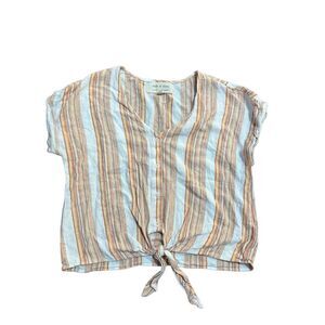 Anthropologie Cloth & Stone Striped Linen Blend Cropped Top Tie Waist Sz‎ XS